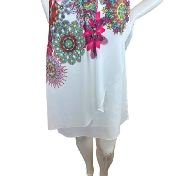 Desigual White Sleeveless Tiered Bead Floral Print Mini Corvus Dress Size 36 XS - Picture 5 of 16